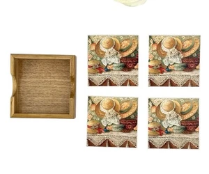 Vintage Anna Krajewski Tile Cork Coasters Set Of 4 With Wood Case Country Hats - Picture 1 of 11