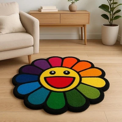 Rainbow Smiley Flower Carpet – Soft Hand Tufted Round Rug for Kids Room, Living - Image 1 of 4