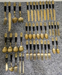 Siam Cutlery Thai Brass 40 Pieces Teak Handles Praying Buddha Design Lot - Picture 1 of 15