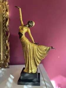 Bronze Vinatge Statue Golden Art Deco Segned D.H Chiparus Figure dancer marble - Picture 1 of 7