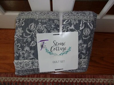 Nuevo Juego de 3 Edredón Stone Cottage Abby Gris Blanco Floral Completo/Reina Foto 1 de 2