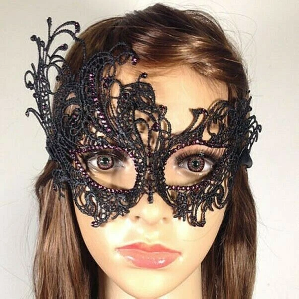 Women Diamante Black Lace Face Eye Mask Venetian Cosplay Halloween Masquerade - Image 1 of 4