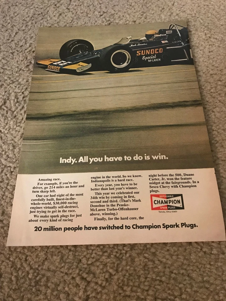 Publicidad impresa póster campeón vintage Mark Donohue #66 especial McLaren Indy 500 car Foto 1 de 1