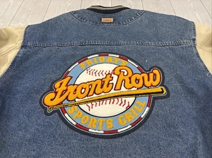 Vintage 90s denim bomber TGI Fridays Front Row Sports Grill varsity jacket L - Picture 1 of 16