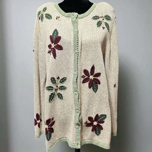 CJ Banks 1X Cardigan Poinsettia Beige Rosso Verde Maglia Vacanze - Foto 1 di 8