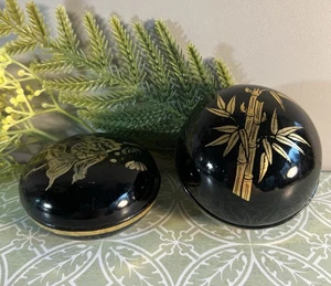 2 Thai Black Lacquerware Boxes With Gold Bamboo And Fish Motif.  - Picture 1 of 16