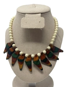 Spiked Bib Necklace Colorful Tribal Striped Beaded Collar Beige Beads 16” - Picture 1 of 12