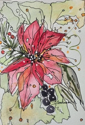 Original Signed Watercolor Painting. 5x7" Poinsettia. Christmas. Winter. - Image 1 of 2