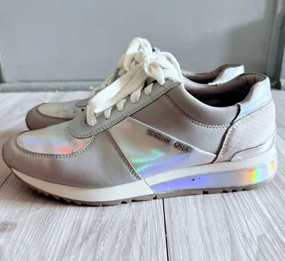 Michael Kors Allie Trainer Leather Size 7.5 M Soft Silver Reflective - Image 1 of 4