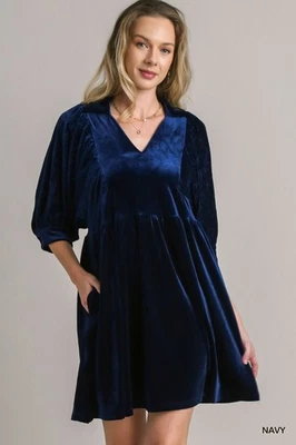 Umgee Sapphire Velvet Dress with V Neck and 3/4 Pleated Dolman Sleeves - Image 1 of 4