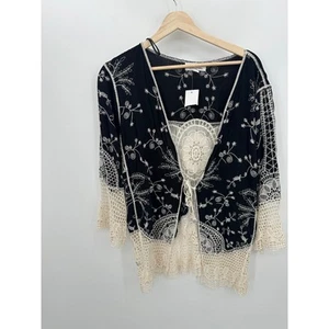 Anneliese Open Front Cardigan Women large Black Cream Crotchet Lace Boho Hippie - Picture 1 of 7