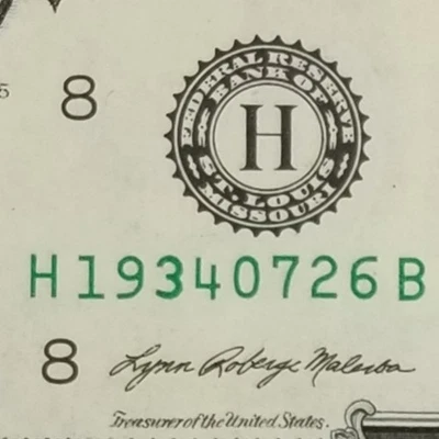 Birthday Dollar July 26, 1934 Fancy Serial Number Note U.S. $1 Series 2021 H  B - Image 1 of 4