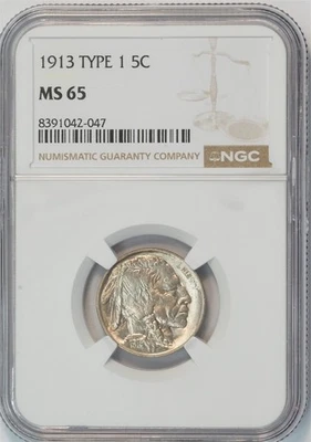1913 Buffalo Silver Nickel Type 1 MS 65 NGC 5C US COIN - Image 1 of 4