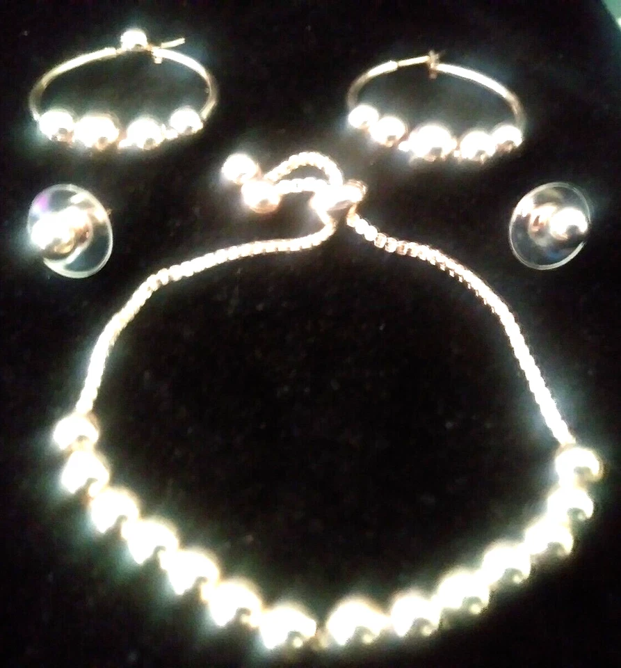 18K ROSE GOLD CLAD MOVING BEAD BALL ADJ. BRACELET SZ 6-9 IN + BONUS HOOPS - Image 1 of 1