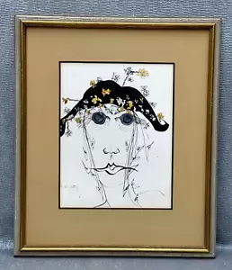 Kravitz Signed Surreal Woman in Floral Hat Abstract Face Painting Sketch Drawing - Picture 1 of 14