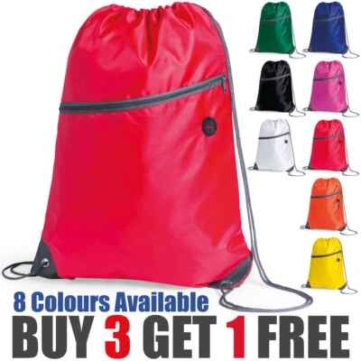 Premium Zipper Drawstring School Bag Sports Gym Sack Swim PE Kit Boot Bag Lot - Image 1 of 4
