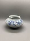 asian Art Pottery Blue Low Bowl 6.5x3.5 marked sign leaves Ceramic Chinese
