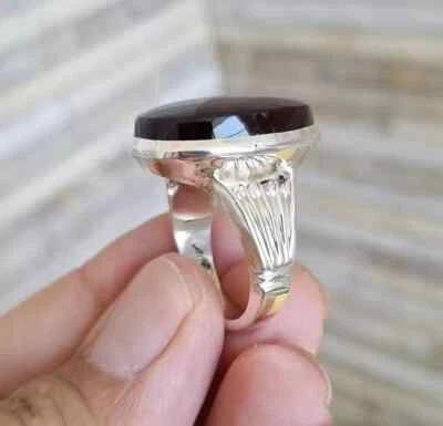 Real Yemeni Aqeeq Dark brown Aqeeq Ring with Rhodium Plating - Image 1 of 3