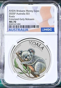 2025 ANDA Brisbane Money Show Colored Koala 1oz Silver Coin NGC MS70 ER Flag LB - Picture 1 of 2