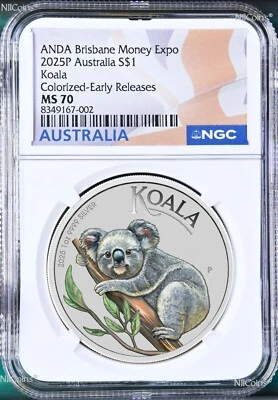 Серебряная монета 2025 ANDA Brisbane Money Show цветная коала 1 унция NGC MS70 ER флаг фунт - Изображение 1 из 2