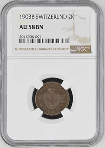 1903-B SWITZERLAND 2 RAPPEN - NGC AU 58 BR - FREE U.S. / $12.50 WORLD SHIPPING - Picture 1 of 2