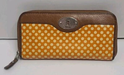 Carteira feminina Fossil Key-Per laranja suave creme bolinhas acabamento em couro marrom - Imagem 1 de 4