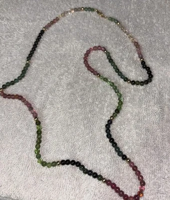 Natural Tourmaline Necklace Gemstone Colorful    14 K Gold Beads , Clasp - Image 1 of 4