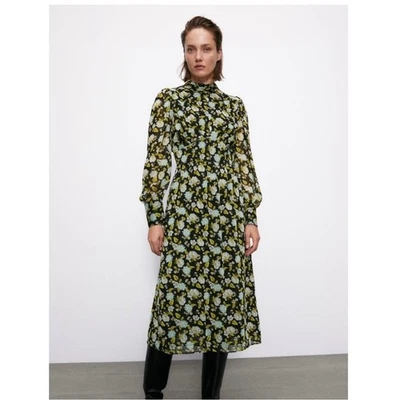 ZARA Floral Print Swiss Dot Peek A Boo Slit Chest Long Sleeve Midi Dress Size XL - Image 1 of 4