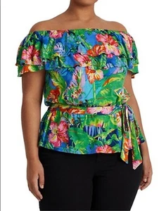 Lauren Ralph Lauren Schulterfreies Oberteil Leinenmischung Blumenmuster Schößchen Tropisch 3X - Bild 1 von 7