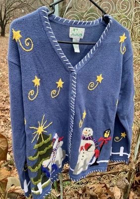 Quacker Factory Vintage Blue Snowmen Cotton Blend Christmas Cardigan Size M - Image 1 of 4
