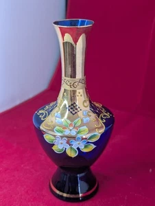 Blue Bohemian Czech Glass Decanter, hand painted enamel flowers ,missing stopper - Picture 1 of 4