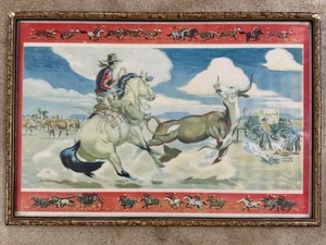 Vintage 1940s Charley Paris Rodeo Cowboy Western CALF ROPING Framed Litho Print - Picture 1 of 7