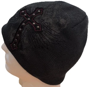 MMA Elite Beanie Kreuz bestickt Grunge Goth Y2K schwarz grau rot Emo Nieten - Bild 1 von 11