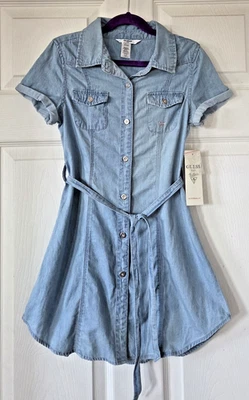 GUESS Kids Blue Chambray Button Front Dress Rhinestone Logo Girls Size S (7-8) - Image 1 of 4