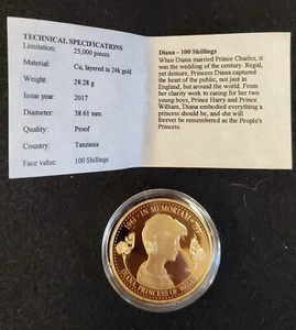2017 Tanzania Princess Diana of Wales 10 Shilings Gold Plated 38.61.mm Coin COA - Picture 1 of 4