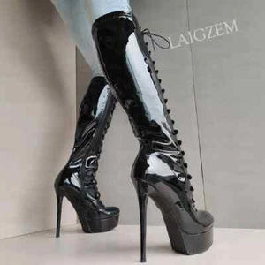 Women Knee High Boots Platform Full Zipper Round Toe Thin High Heels Tall Boots - Picture 1 of 6
