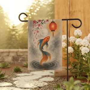 Koi Fish Lantern Garden Flag Japanese Watercolor Art Moon Cherry Blossom Outdoor - Picture 1 of 6