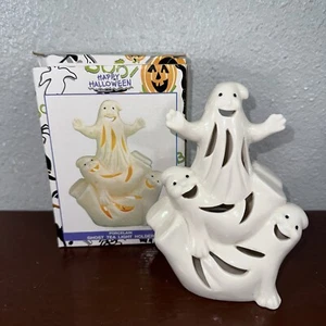 Halloween Ghosts Tea Light Holder White Porcelain 6½" x 4½" Preowned No Chips - Picture 1 of 7