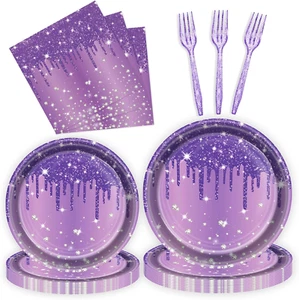 96 Pcs Purple Silver Plates and Napkins Party Supplies, Disposable Forks Paper D - Picture 1 of 12