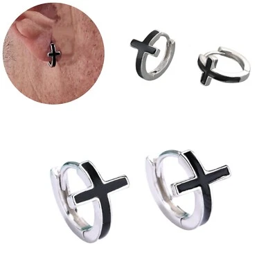 Orecchini uomo a cerchio con croce in acciaio cerchietti argento piccoli donna - Immagine 1 di 4