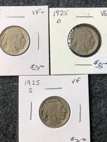 (3)Buffalo Nickels 1925-P XF Full Horn, 1925-D VG 1925-S VF All 4 Digit Dates Cover