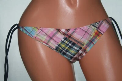 Parte inferior de bikini a cuadros con lazos laterales negros y rosa interior talla S Foto 1 de 3