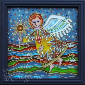 Pintura popular tradicional ucraniana sobre vidrio hecha a mano decoración de pared enmarcada 18x18 cm - Imagen 1 de 4