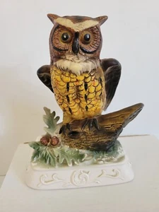 Vintage Homco Porcelain Owl Acorns Pedestal 7.5" Figurine - Picture 1 of 9