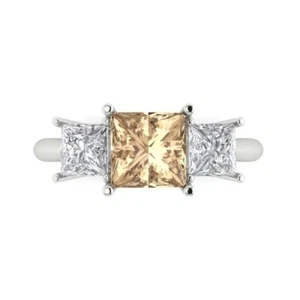 2.5Ct Princess Cut Yellow Moissanite 3 Stone Engagement Ring, 14K White Gold - Picture 1 of 11
