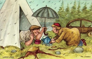 Vintage Comic Postkarte, Jac Edgren #142, Wochenende, Camping, Regen, Schweden, ungebraucht - Bild 1 von 2