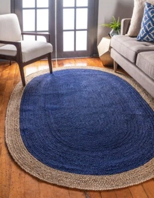 Jute Braided Oval Reversible Rug Blue Home Decorative Rustic Modern Mat Carpet - Image 1 of 4