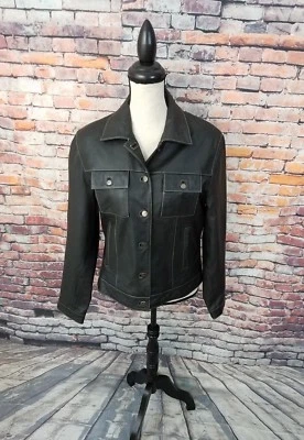 Peter Millar女式黑色设计师100%柔软皮革纽扣衬里夹克L — 第 1/4 张图片