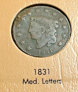 1831 Coronet Head Large Cent, Medium Letters, Rim Damage , Well Used - Picture 1 of 8