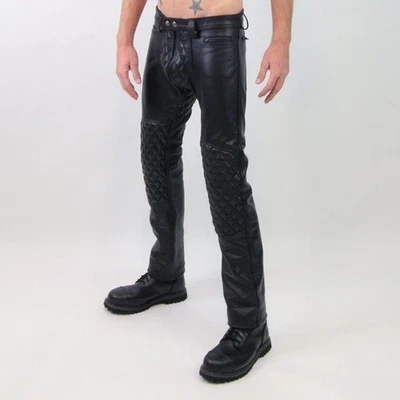 Men’s Quilted Genuine Leather Pants – Handmade Biker Style Trousers - Image 1 of 4